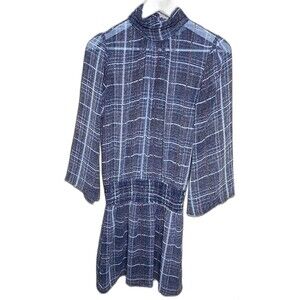 Veronica M Sheer Mini Dress Plaid High Neck Smocked Waist Fairy Sleeves Womens S